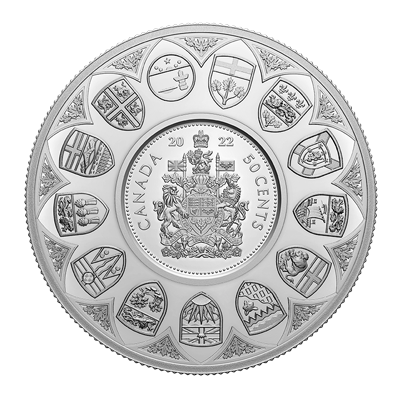 A picture of a Pièce en argent fin de 5 oz – Vue d’ensemble : Pièce de 50 cents – Les armoiries (2022)